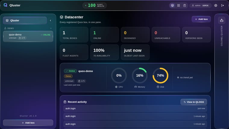 The Qluster fleet console, as it looks when it opens