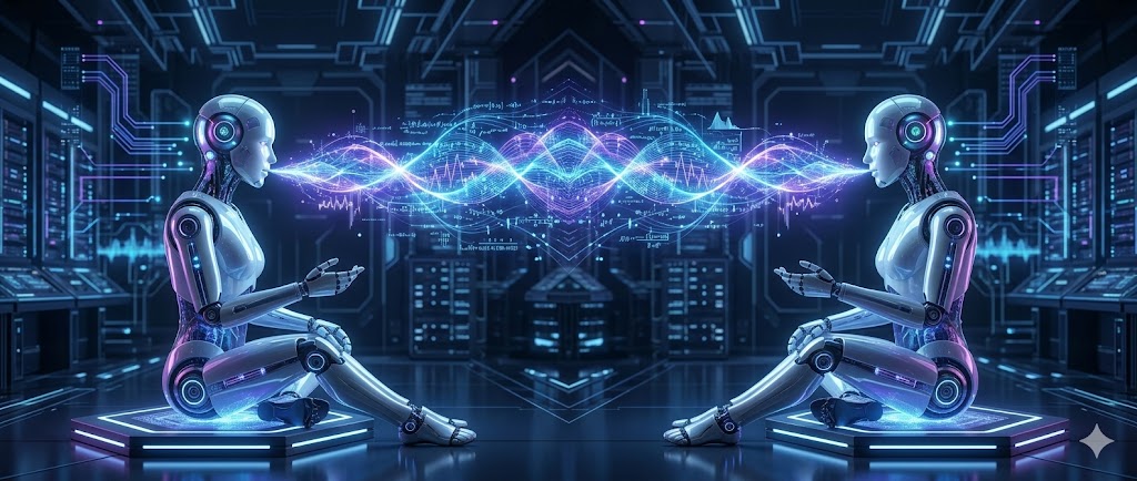 Two AI agents exchanging structured protocol data - visualizing the AEE, AOCL, VOLT, and WARD conversation journey