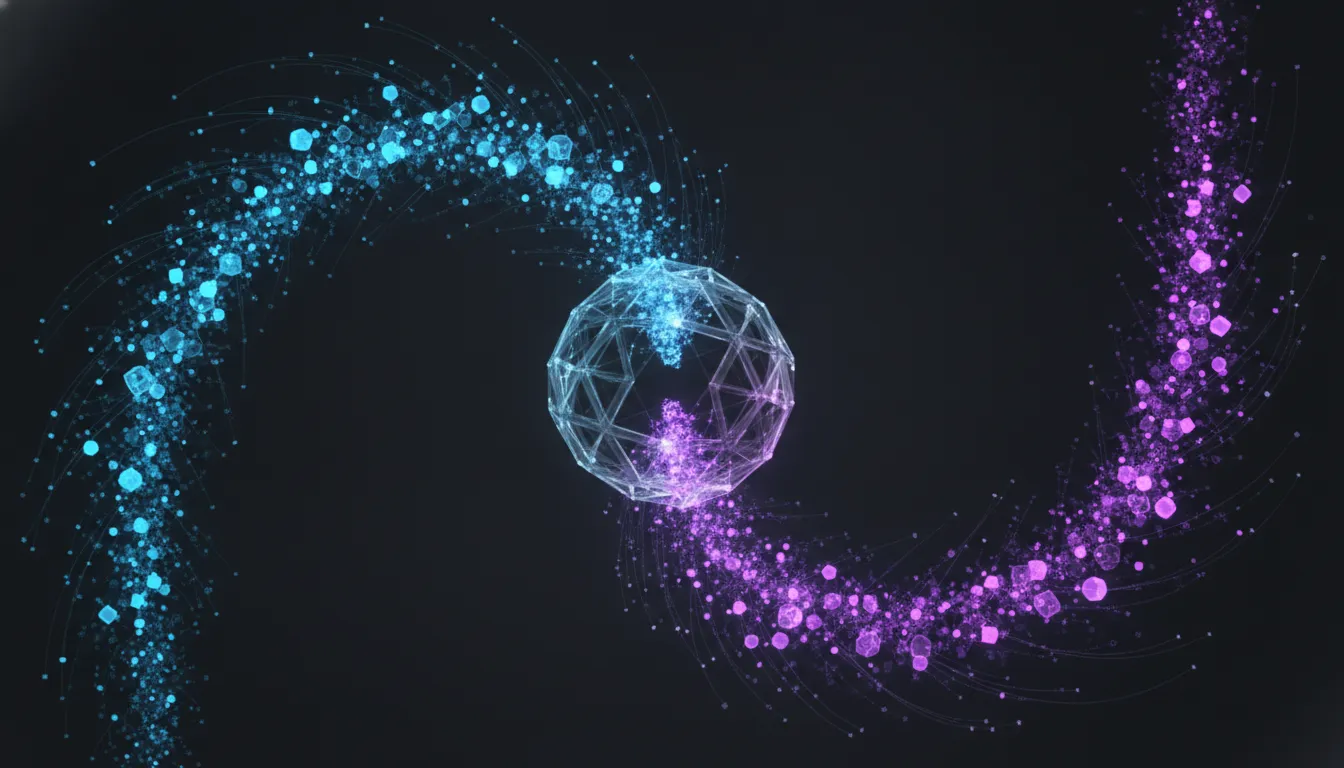 Two spiralling streams of particles, one blue and one violet, tracing thousands of refinement paths before interlocking into a single shared crystalline lattice