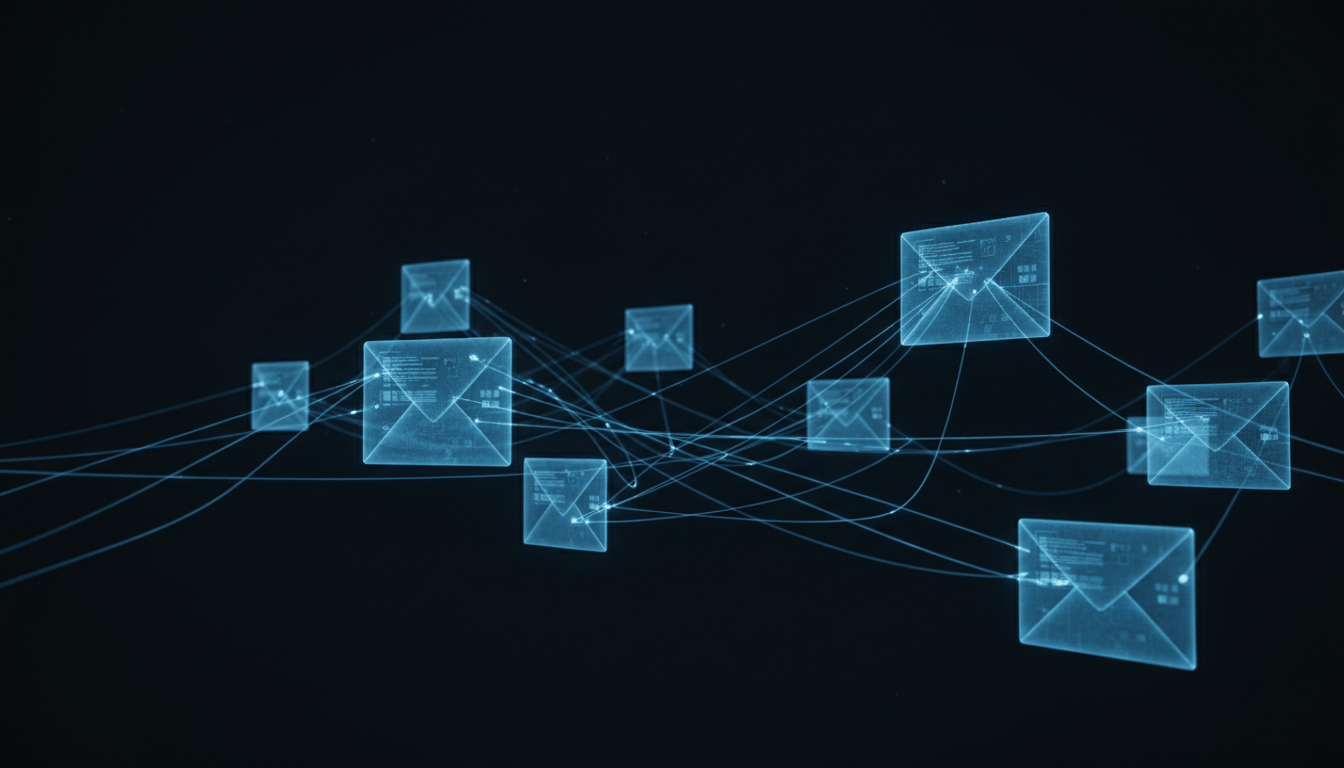 Translucent envelope shapes in sky blue connected by luminous threads forming a message routing network