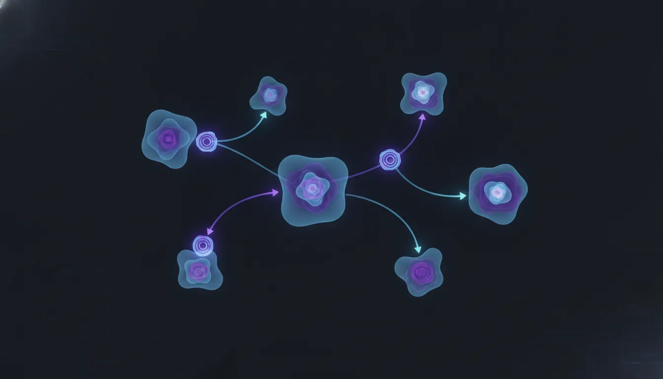 Several distinct agent nodes passing work along a chain, each hand-off marked and witnessed, cyan and violet over near-black