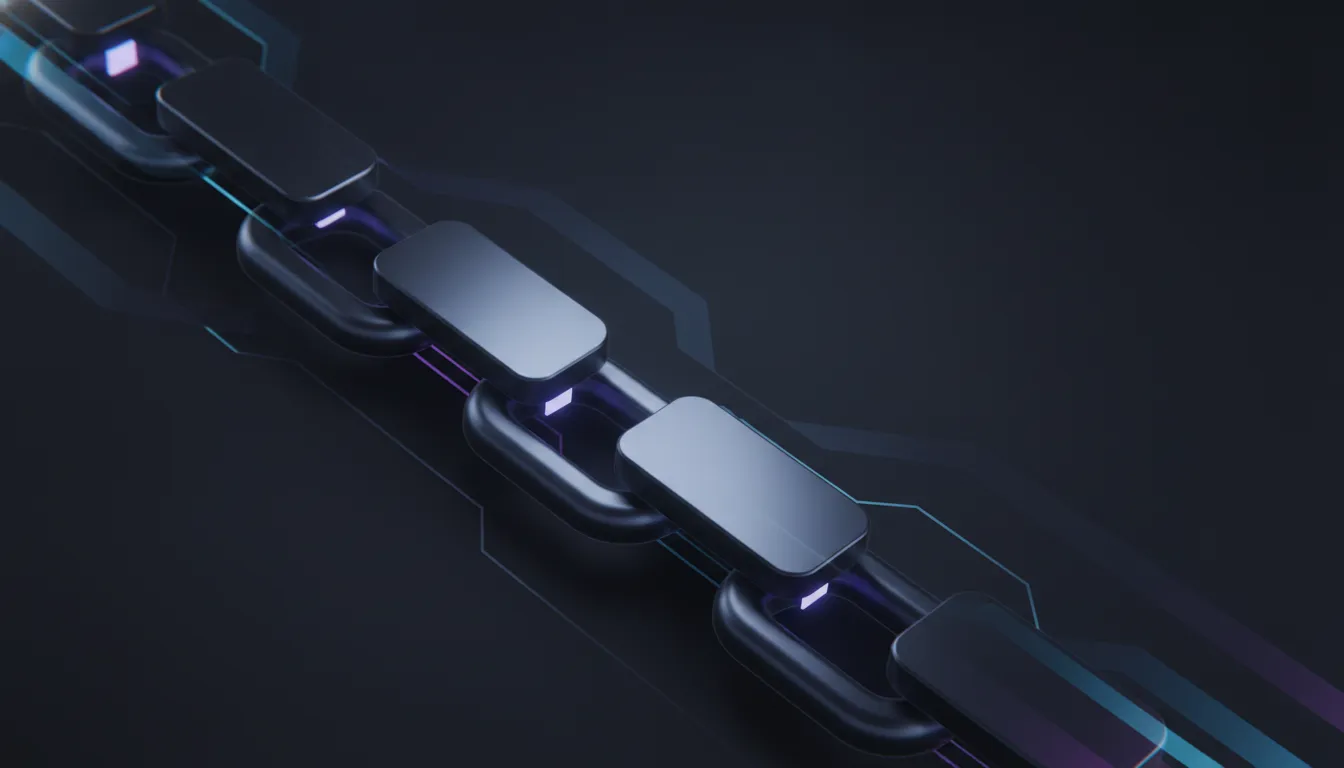 A glowing hash-chain of interlocking sealed links extending across a dark field, cyan and violet over near-black