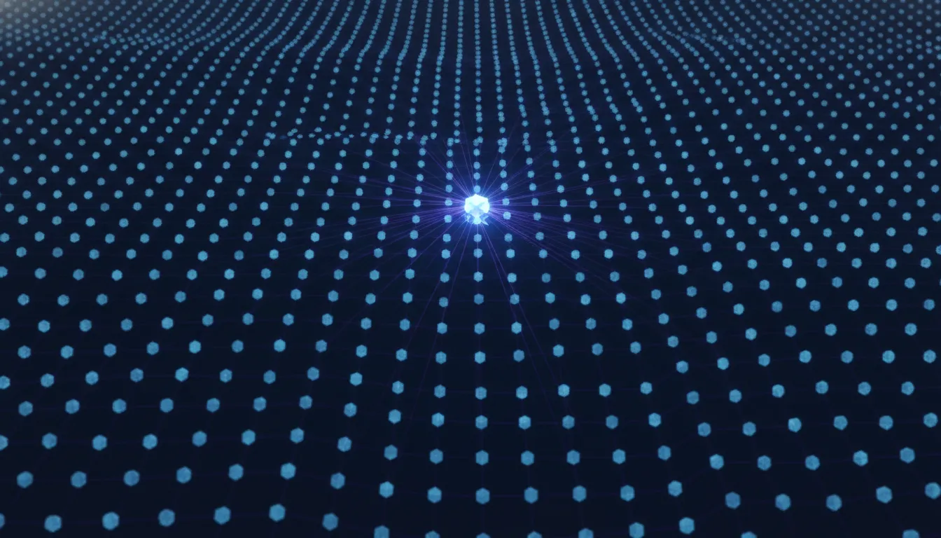 A dense grid of small AI agent nodes stretching to the horizon, with one governance layer of light passing evenly across every row