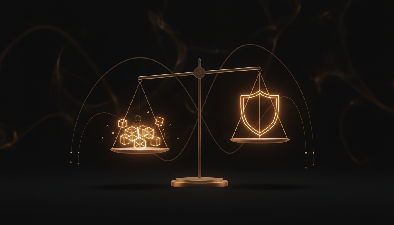 Abstract balance scale in amber weighing data blocks against a shield
