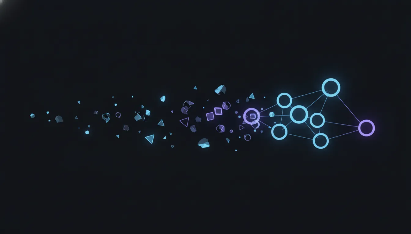 Scattered fragments of text resolving into a connected graph of linked, cited nodes, cyan and violet over near-black