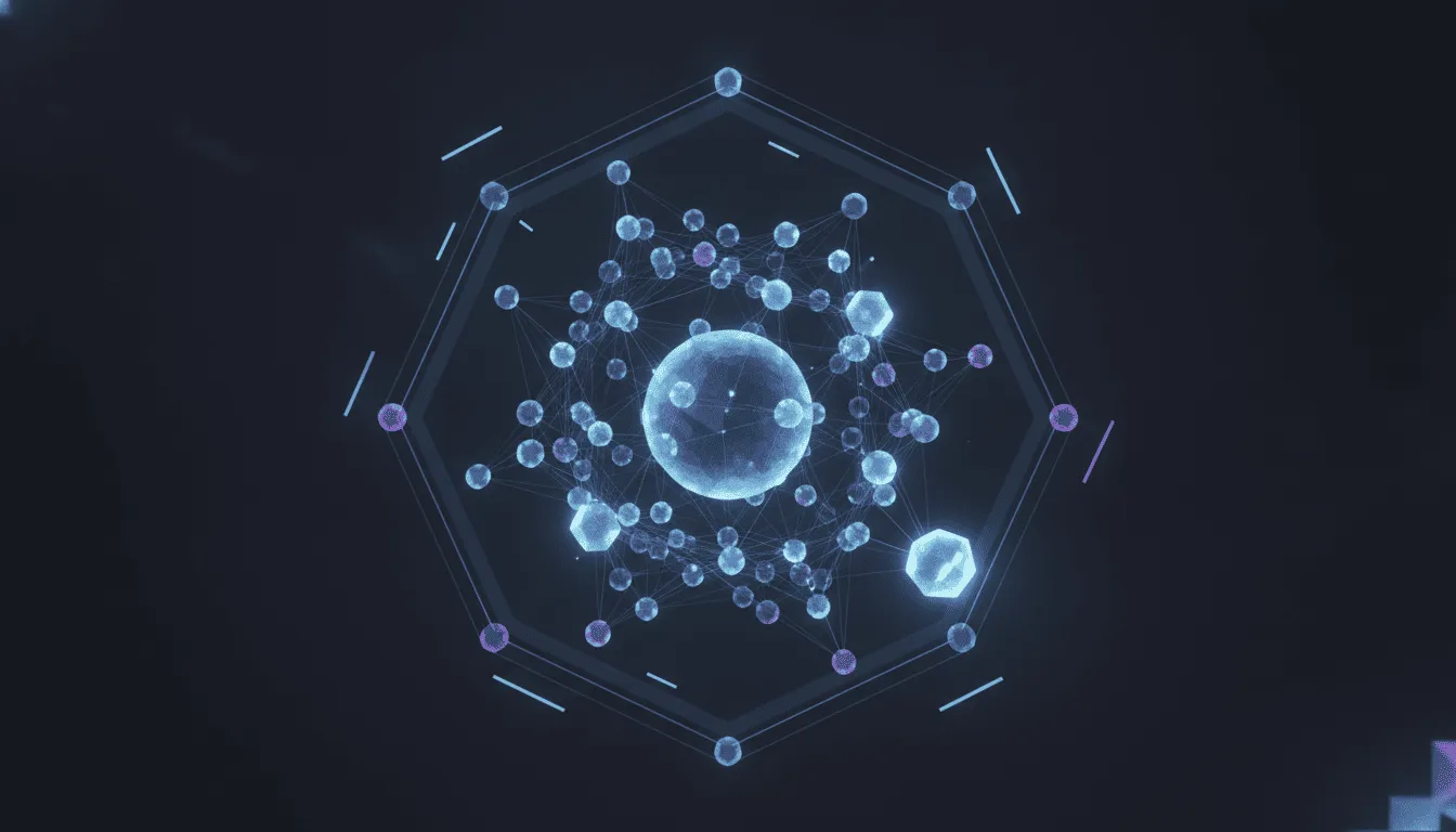 A network of glowing nodes contained inside a faint hexagonal boundary, cyan and violet over near-black