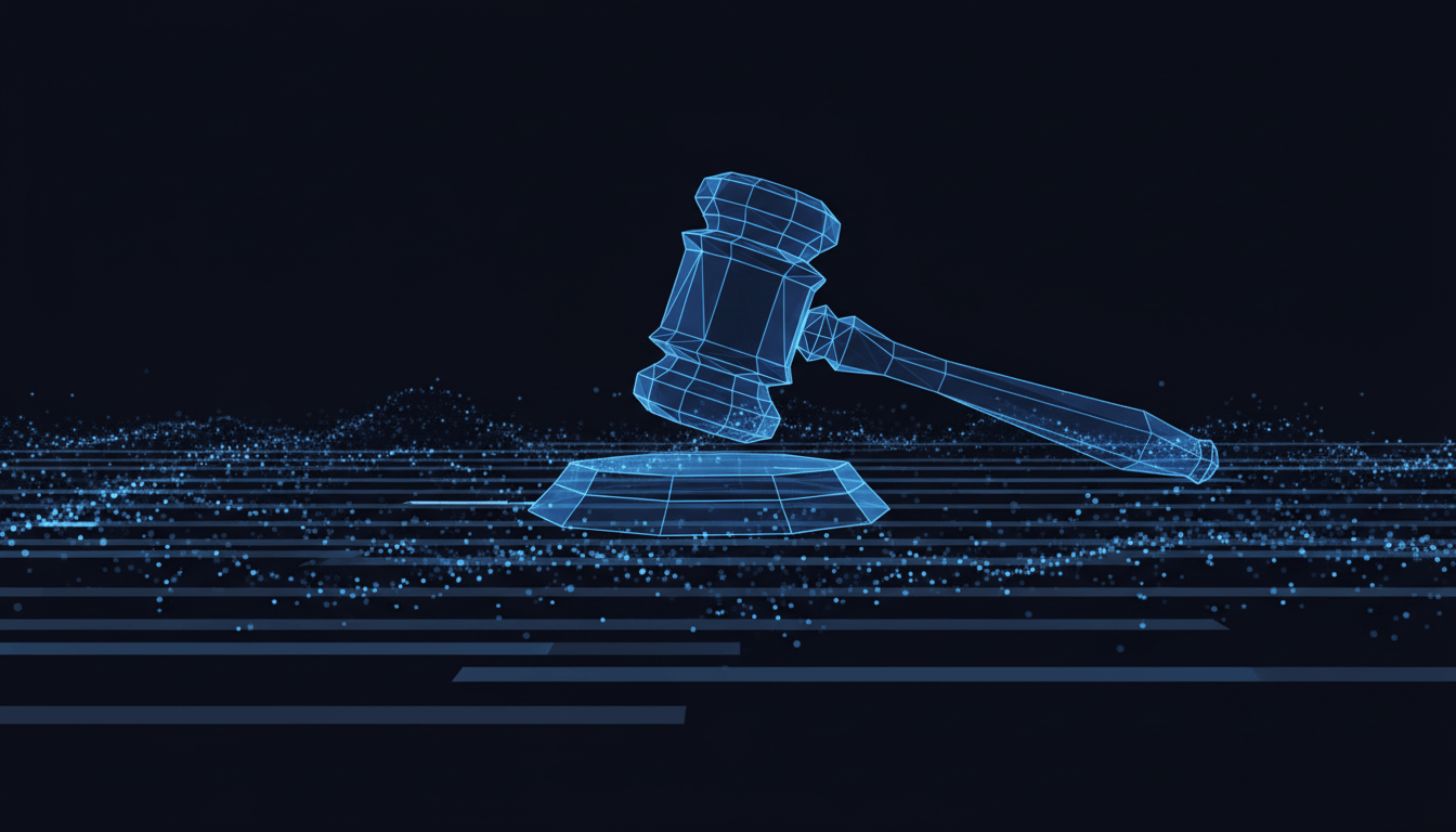 Abstract gavel in indigo with data stream ripples
