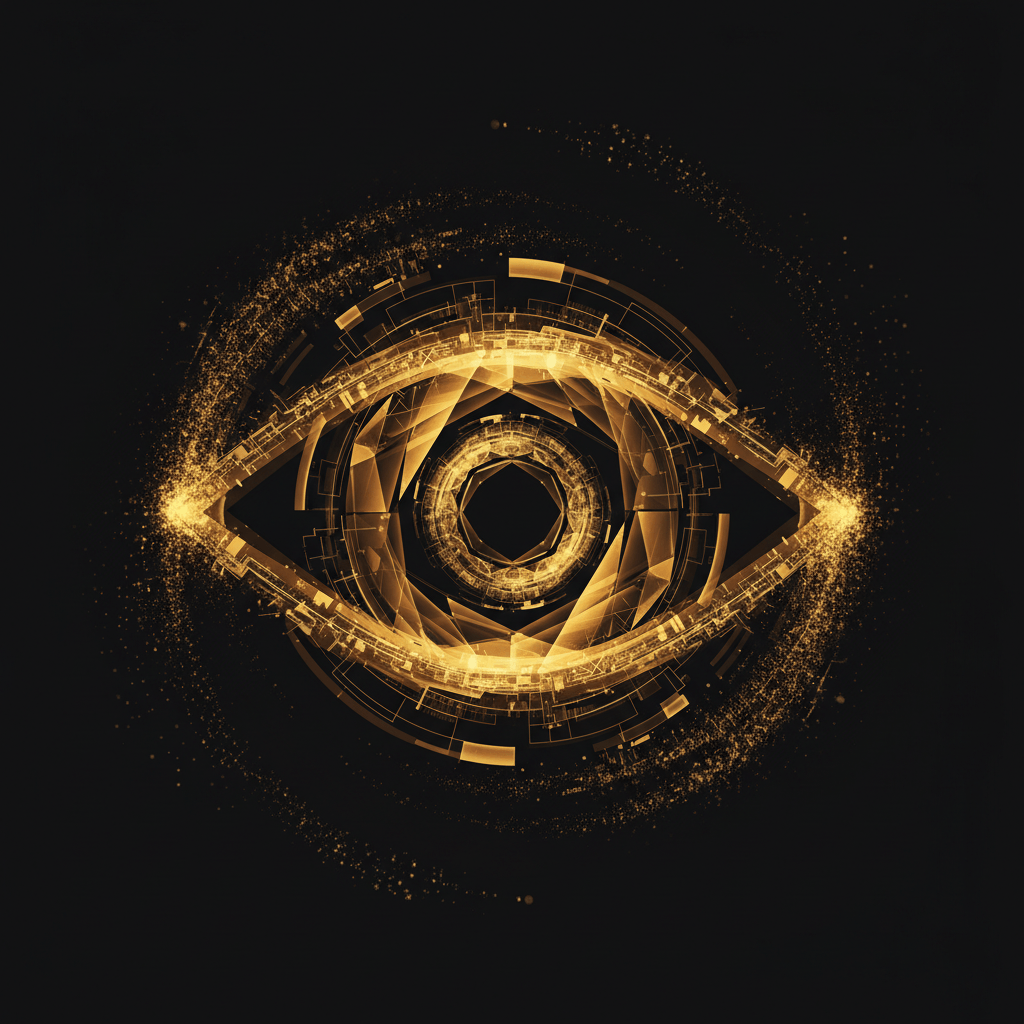 An AI eye examining its own reflection critically, amber-gold tones on black, circuit board textures dissolving
