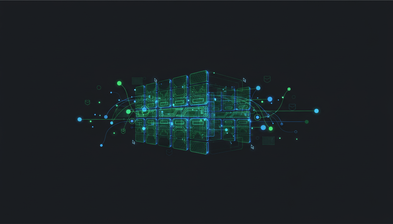 Terminal green circuit paths converging on a home server rack