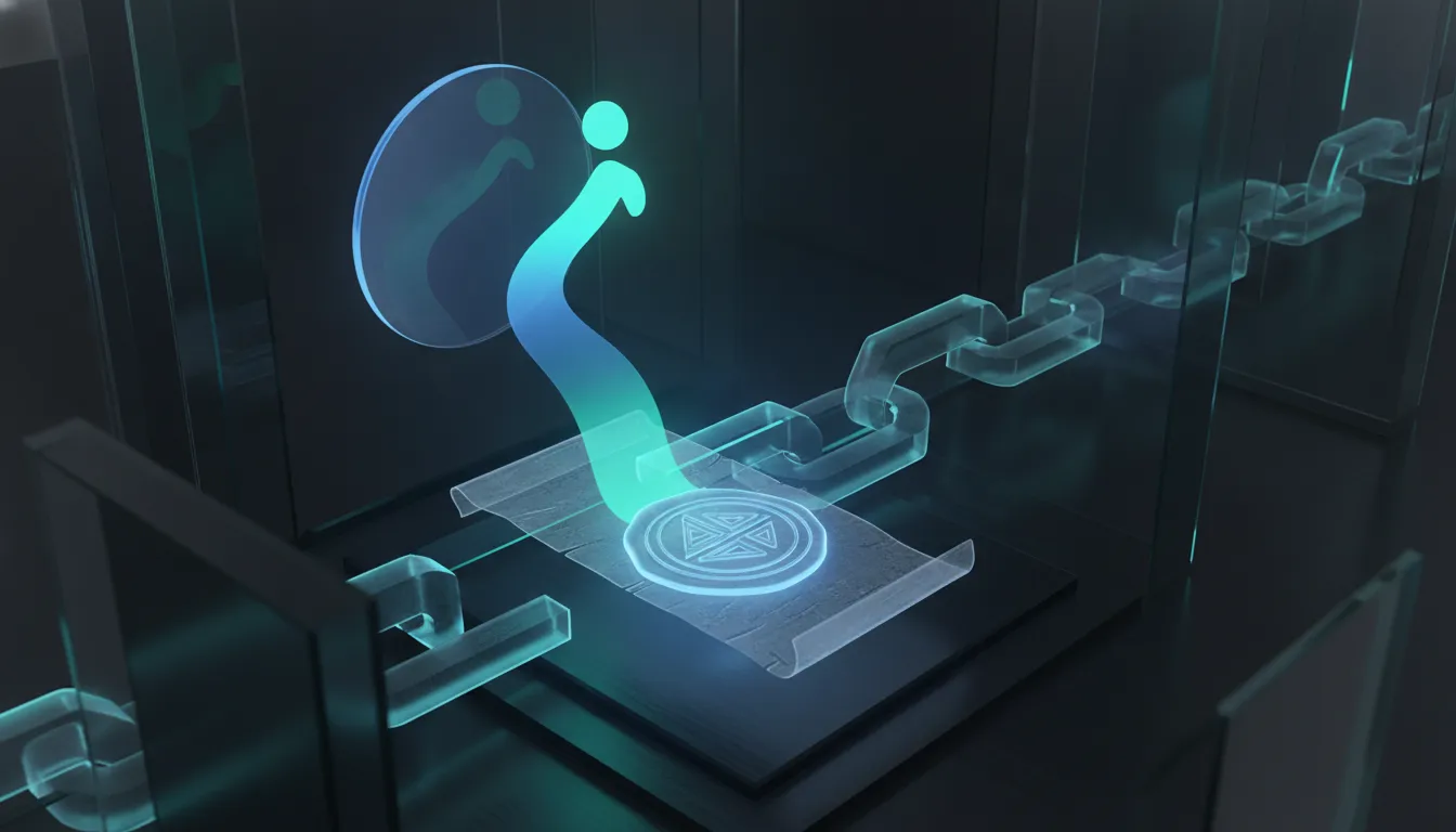 An agent action resolving into a dated, sealed record under review, cyan and teal over near-black