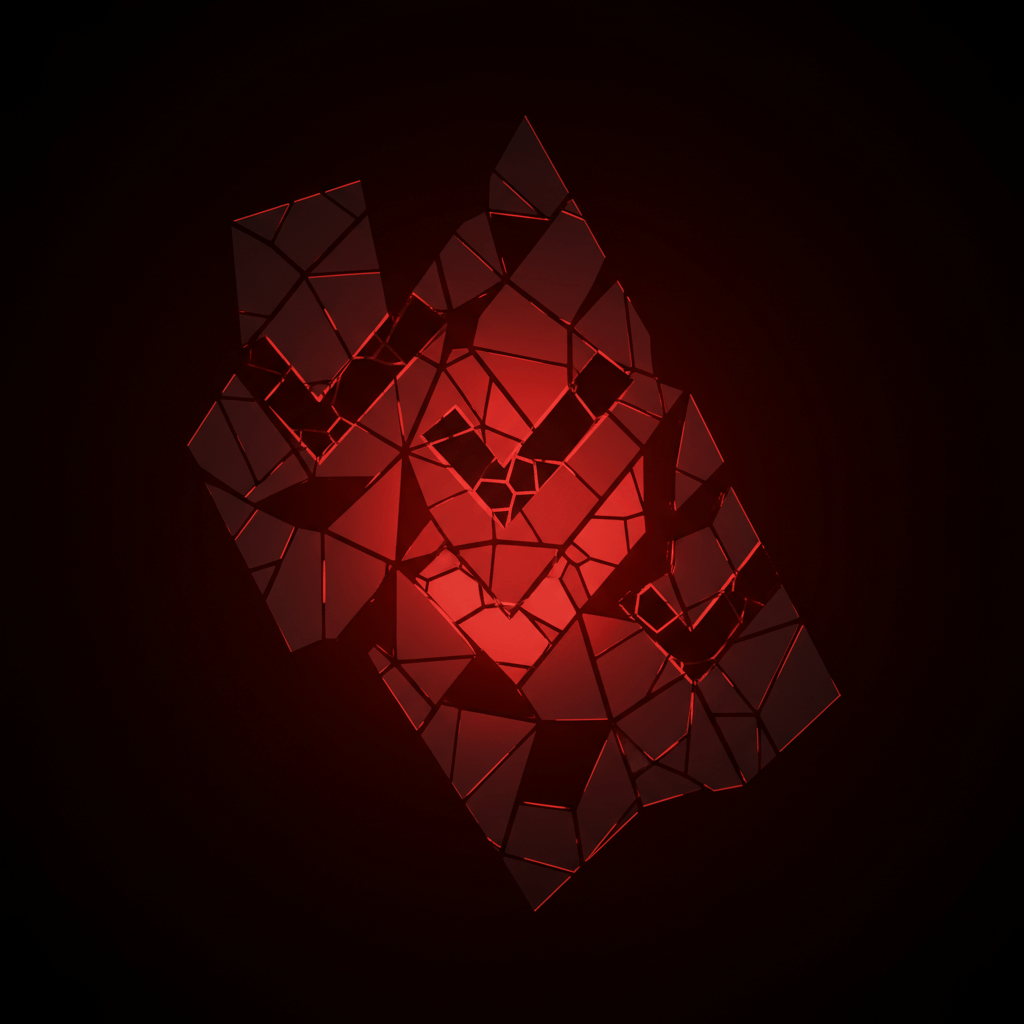 A cracked mirror reflecting distorted compliance checkmarks, dark red-black geometric shards