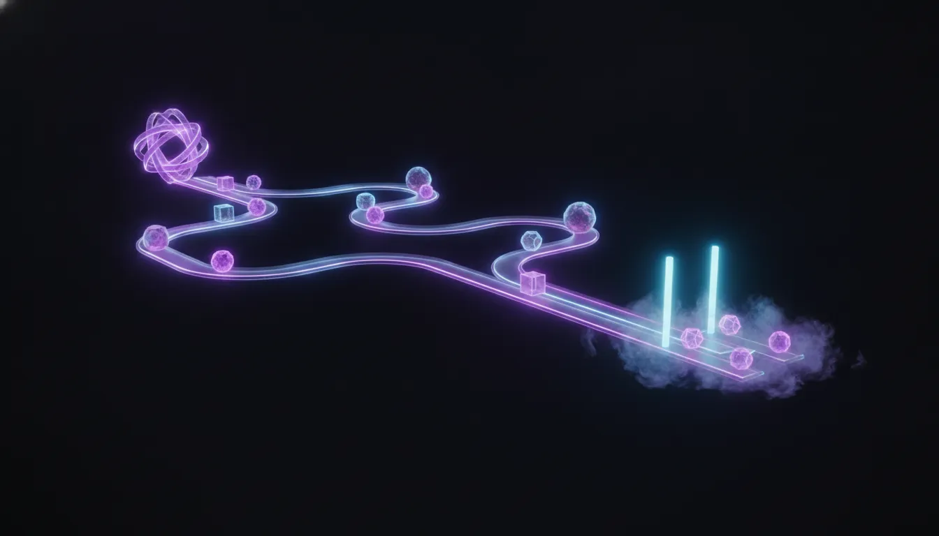 Several agent nodes coordinated along branching paths toward one objective, one branch paused at a gate, cyan and violet over near-black