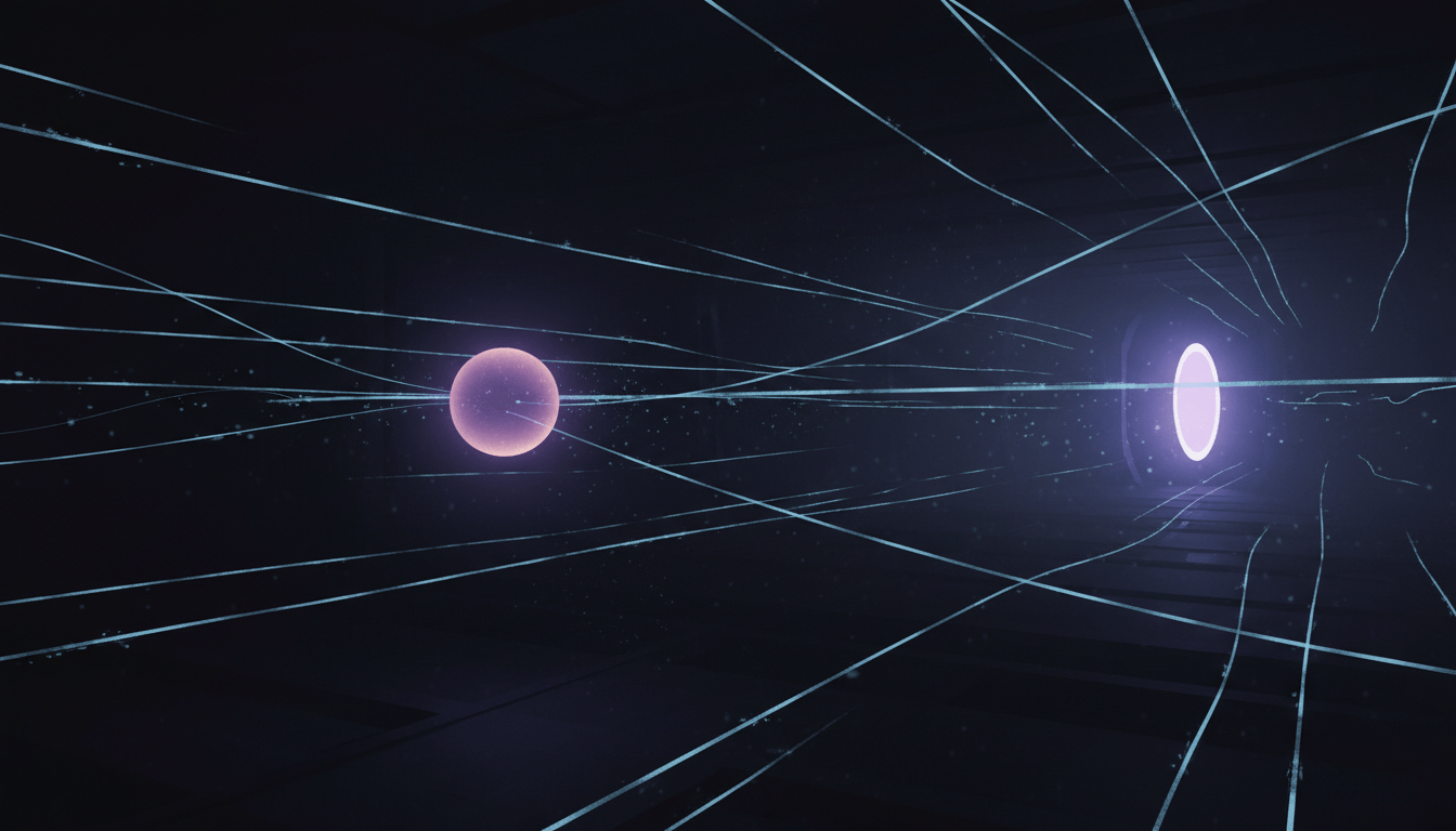 A still violet sphere suspended in a dark space while bright signal streams pass it by.
