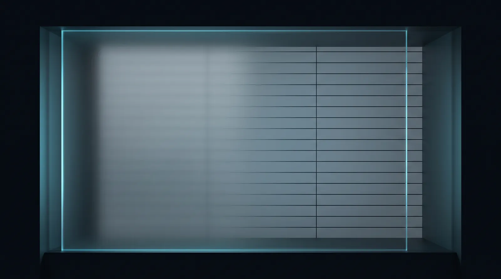 A single pane of frosted glass clearing to transparent across its width, revealing a faint ordered ledger of rows behind it, lit in cyan over near-black