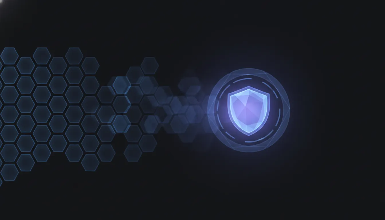 A permission grid resolving into a single named, witnessed agent identity, cyan and violet over near-black
