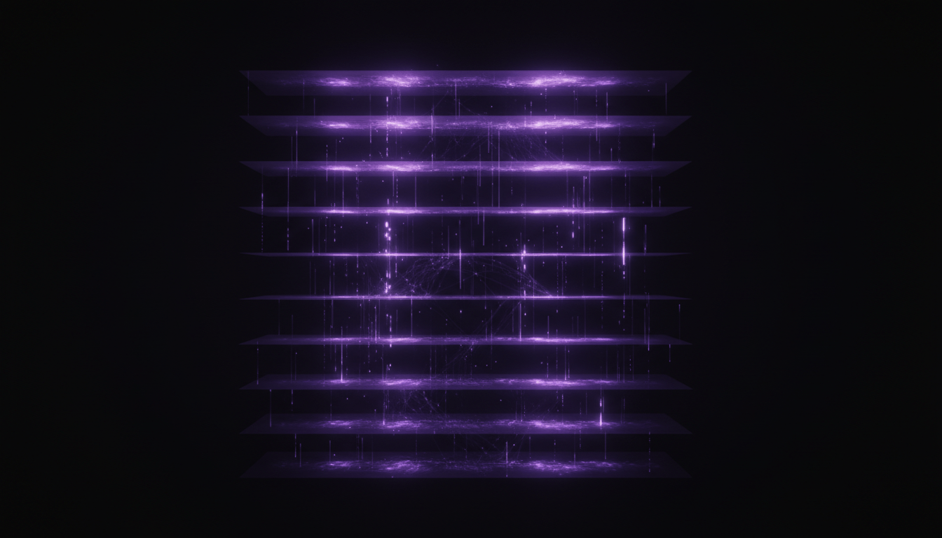 Eleven violet luminous bands with data pulses travelling through protocol layers