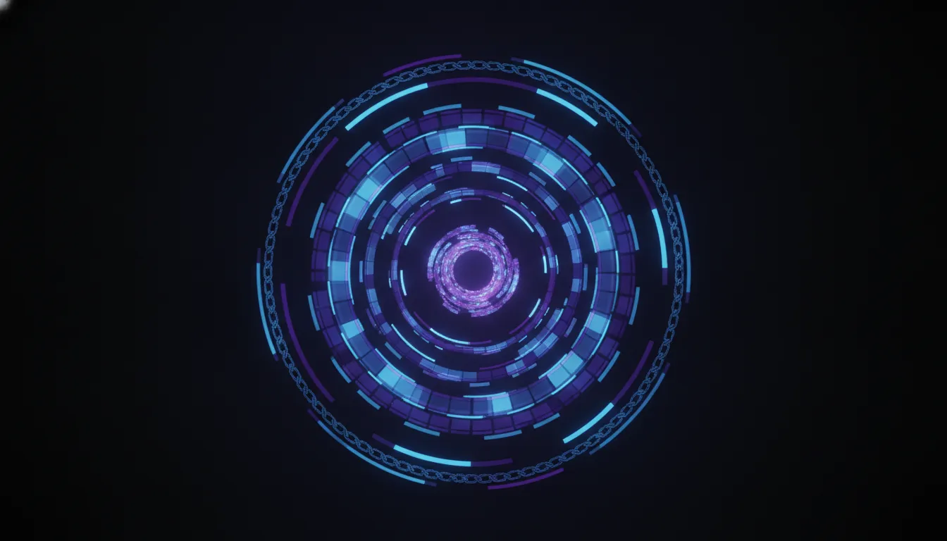 Concentric layered rings of stacked records sealed with a faint chain-link motif, cyan and violet over near-black