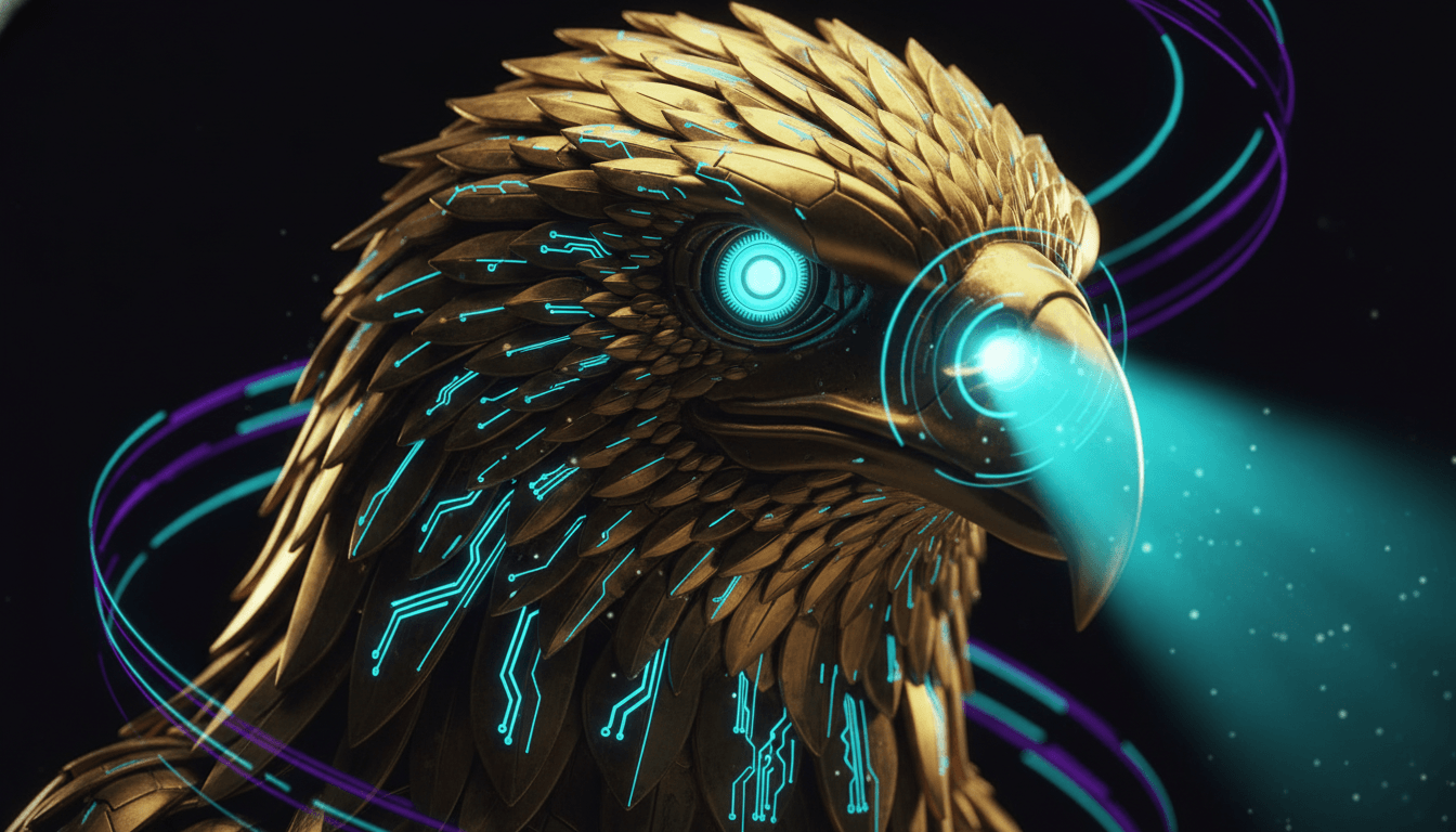 AUDITUS: golden cybernetic eagle with scanning eye, the governance sentinel