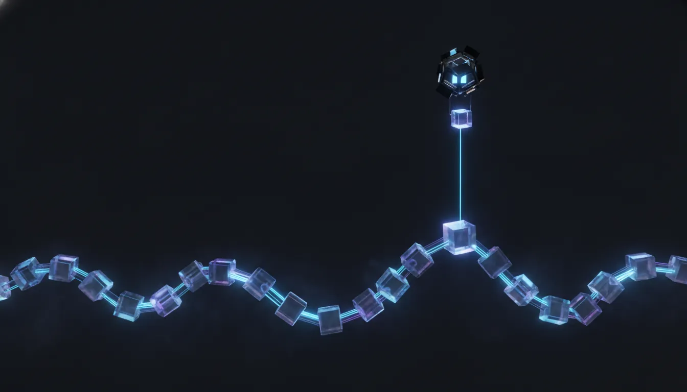 A glowing hash-chain of translucent blocks with a small detached sentinel structure far above it, holding a mirrored copy of only the chain tip across a thin beam of light