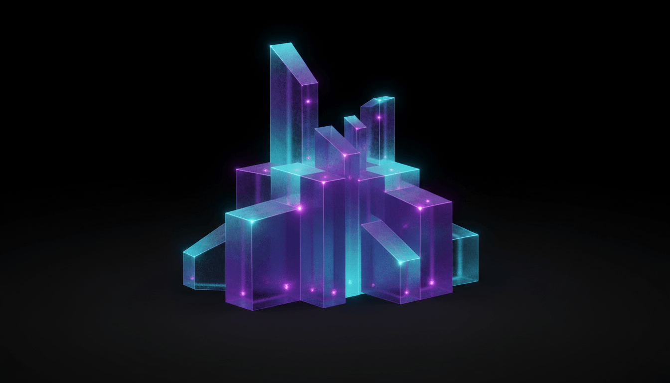 Abstract geometric puzzle pieces assembling into a glowing glass panel with purple and cyan crystalline surfaces