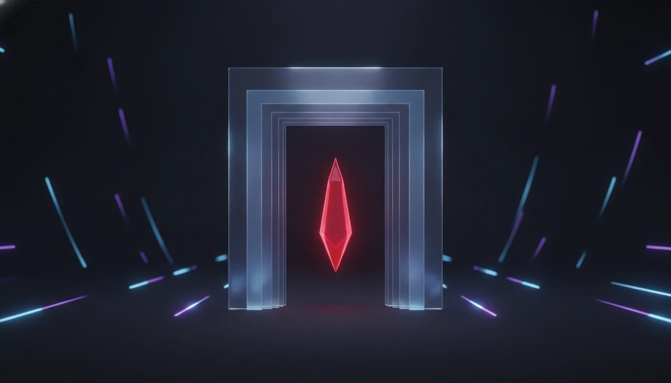 A destructive action held still behind a luminous approval gate in a dark geometric space