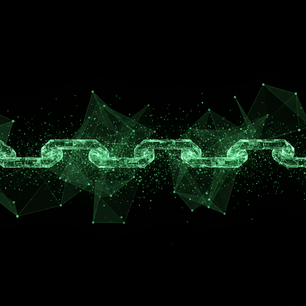 Hash chains materialising as crystalline structures from raw data particles, Quox green glow on dark background
