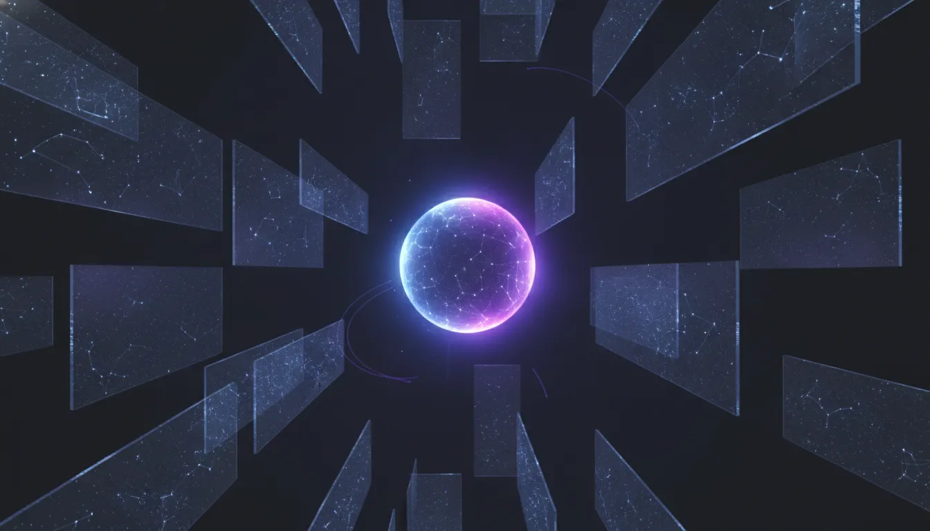 Layered translucent planes of documents, memory and tool output converging into a single witnessed working set, cyan and violet over near-black