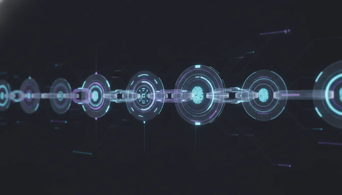 A glowing hash-chain of interlocking geometric seals extending across a dark field, cyan and violet over near-black
