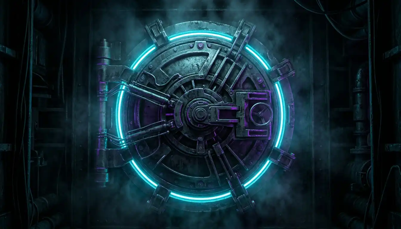 A dark industrial airlock with a single sealed hatch lit in cyan, heavy containment engineering over near-black