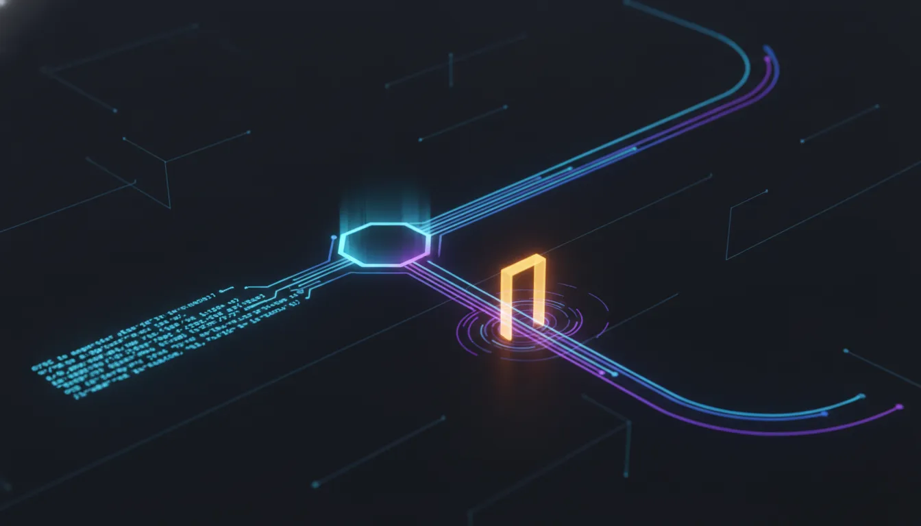 A dark control-plane grid where a single cyan command line feeds a violet agent node, which splits into one path that returns and one that stops at a glowing amber approval gate, over near-black