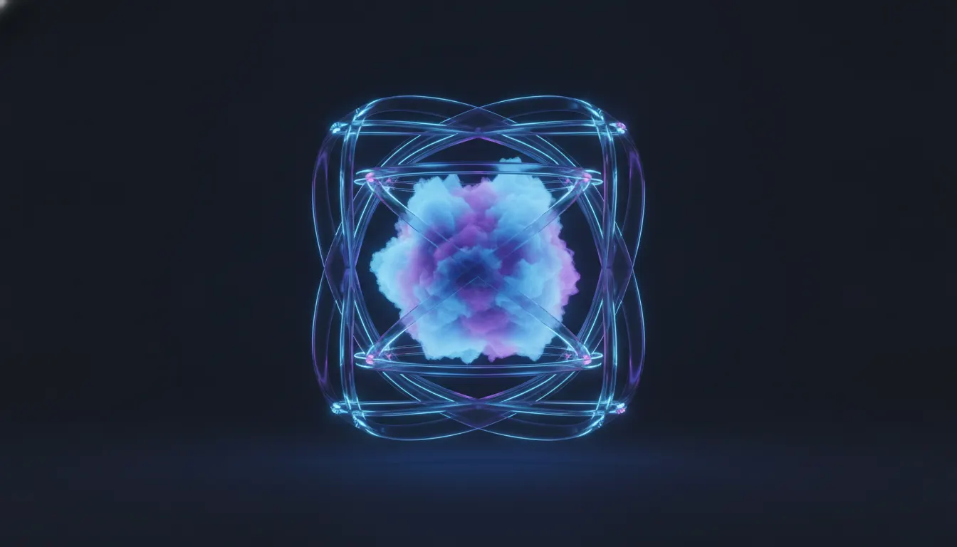 A luminous energy core held within a geometric rig, dark background