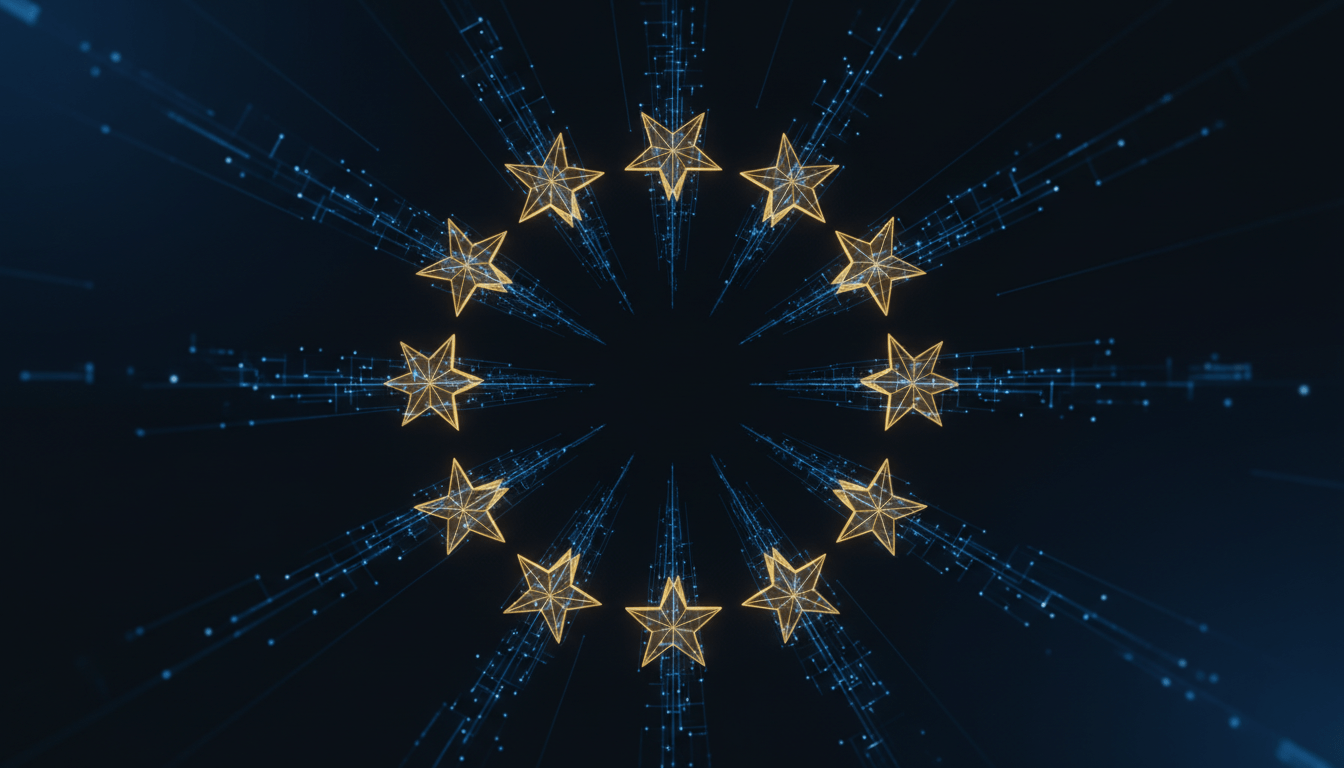 Twelve gold geometric stars in circle with regulatory pathways converging