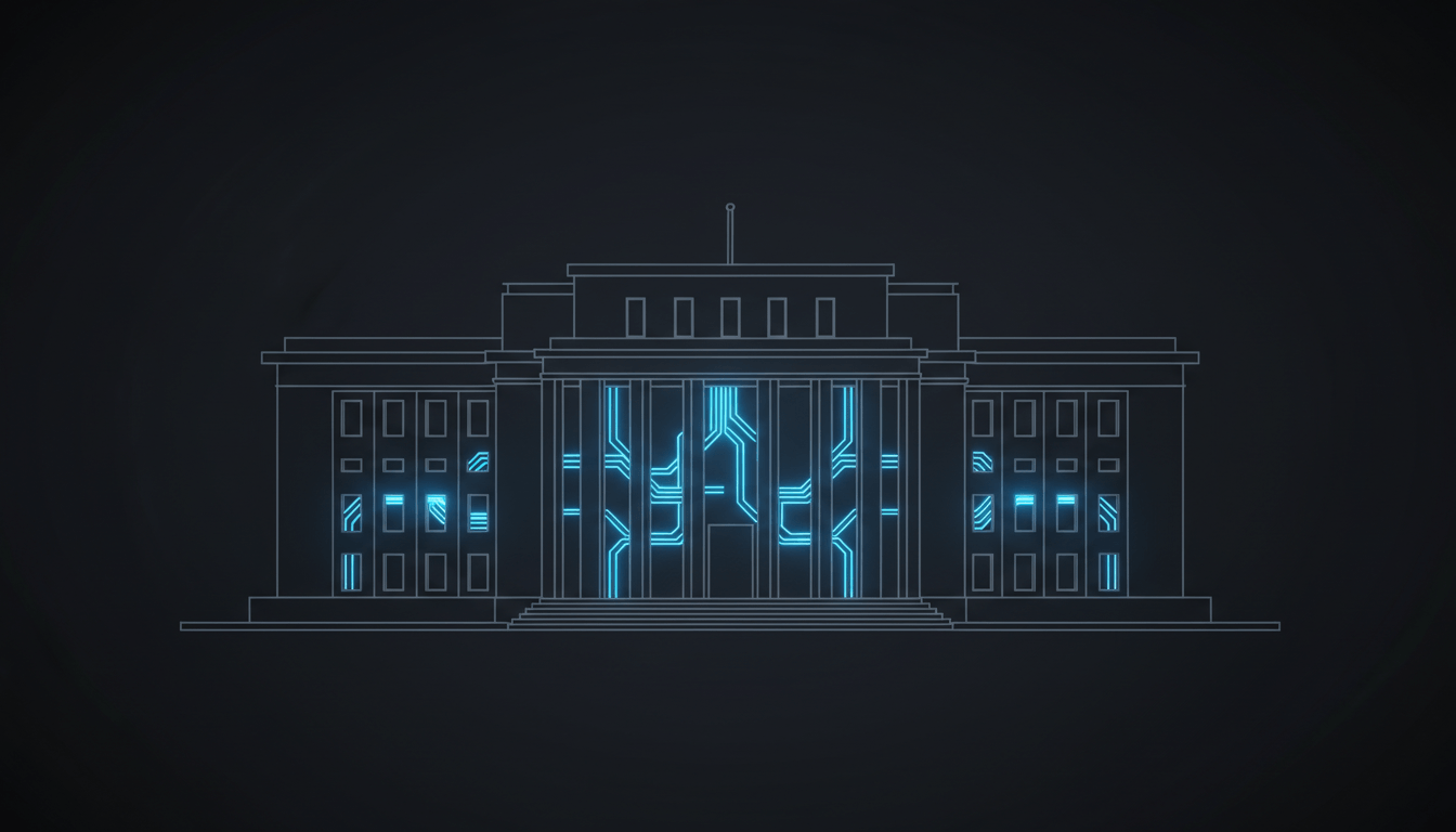 Institutional building outline with blue data streams flowing through
