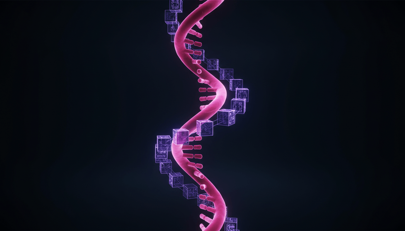 Magenta double helix intertwined with violet cryptographic proof blocks