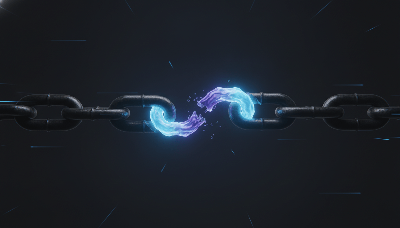A dark chain of interlocking links with one gap at its centre filled by luminous flowing blue and violet light.