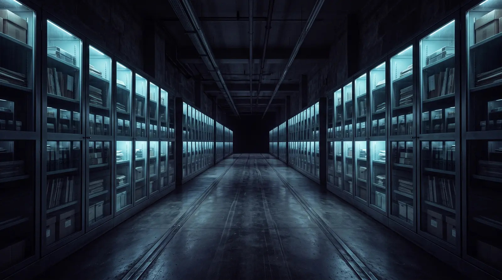 A long dark archival corridor of sealed glass evidence vaults receding into the distance, each faintly lit in cyan, a sense of records held and verifiable over time, over near-black