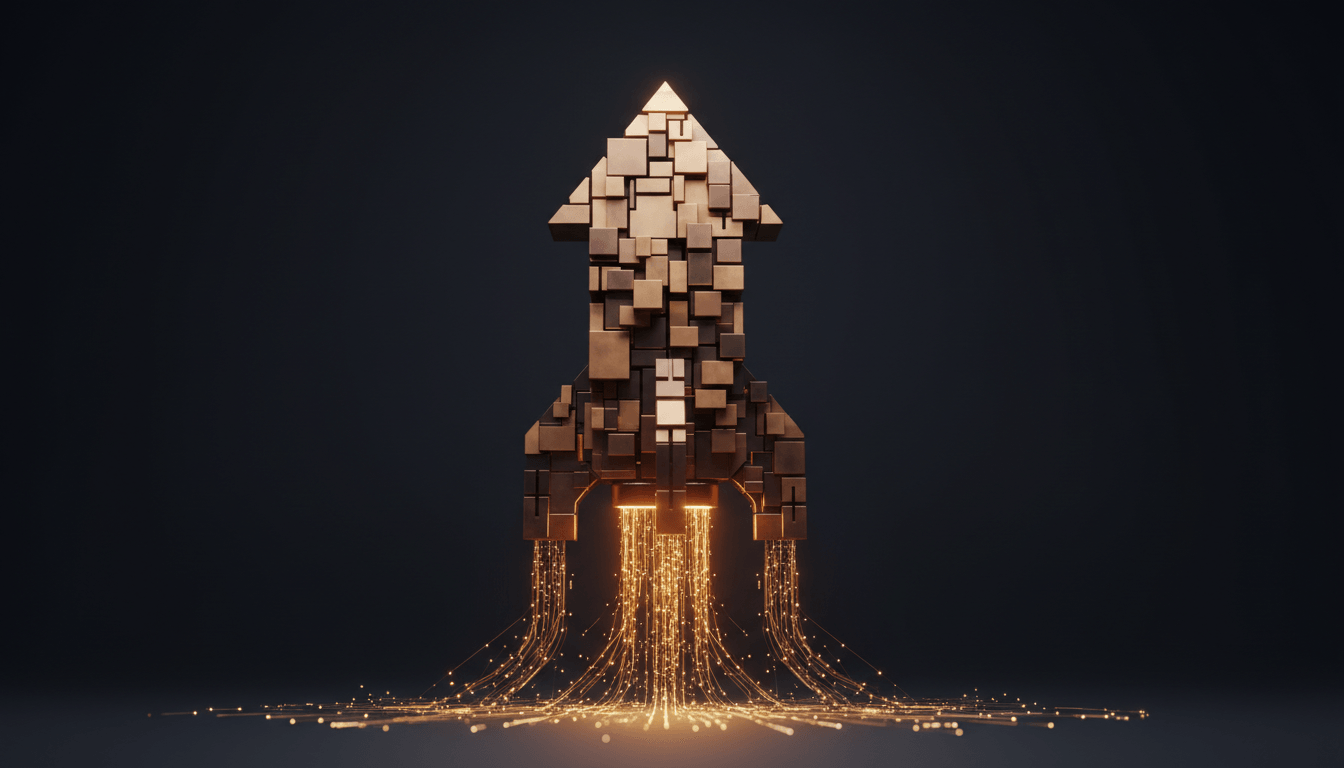 Geometric rocket of modular building blocks glowing amber