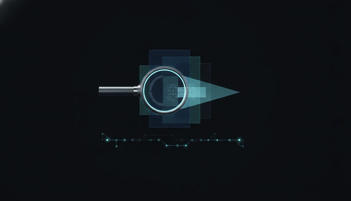 A vendor claim resolving into a checkable record under inspection, cyan and teal over near-black