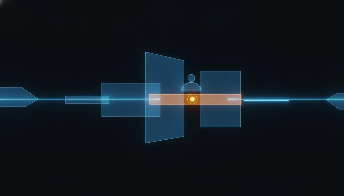An AI agent action paused at a lit checkpoint where a human decision is recorded before it proceeds, cyan and amber over near-black
