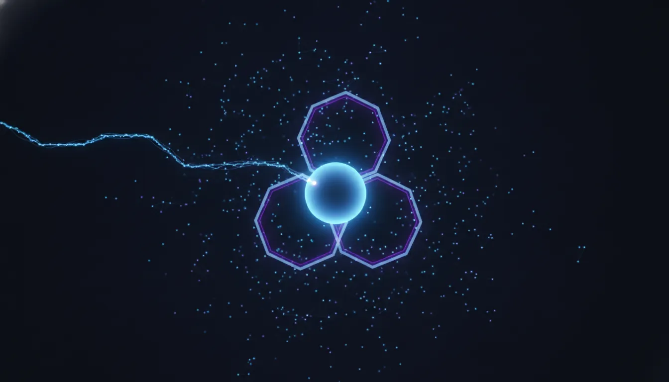 A bright central node bound to three hexagonal tools inside a vast faint field of distant points, with a thin chain thread trailing off, cyan and violet on near-black