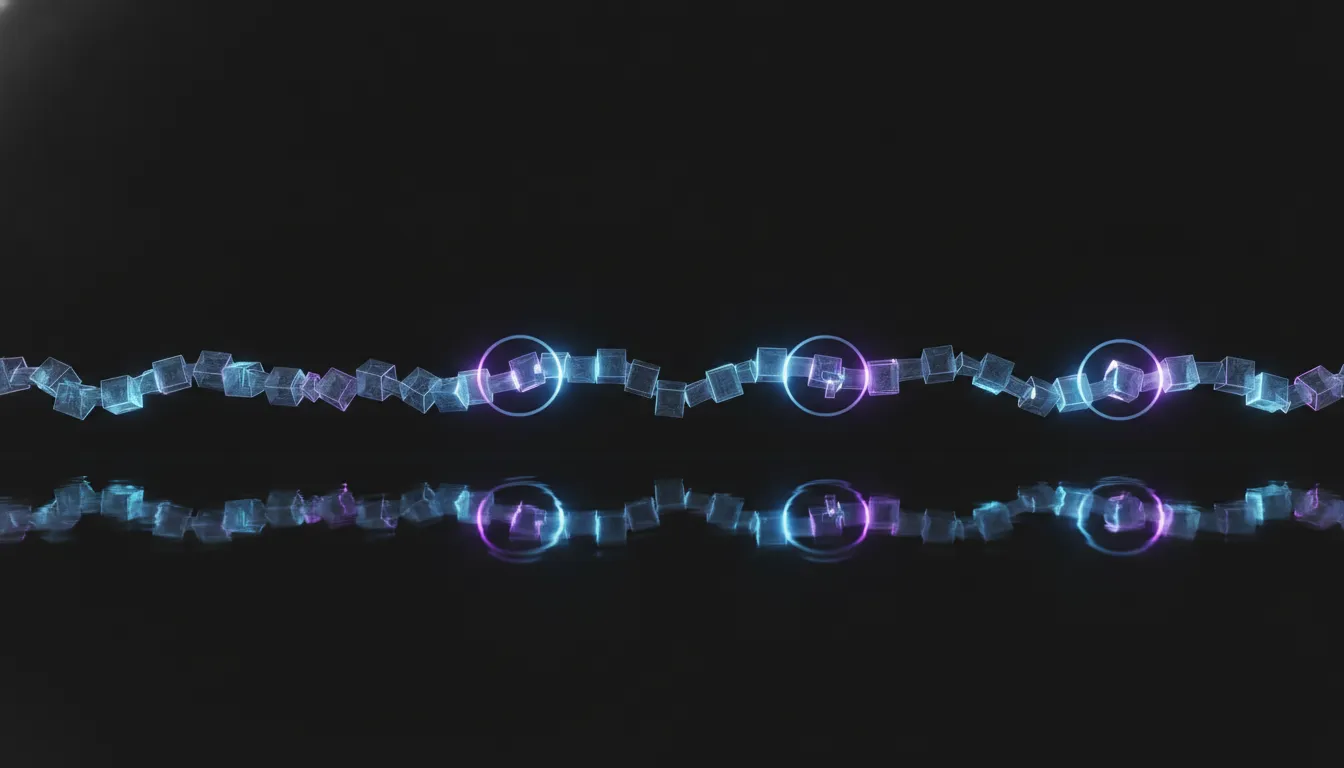 A chain of translucent workflow nodes above its faint mirror reflection, with thin rings of light marking the places where the record and the reflection disagree