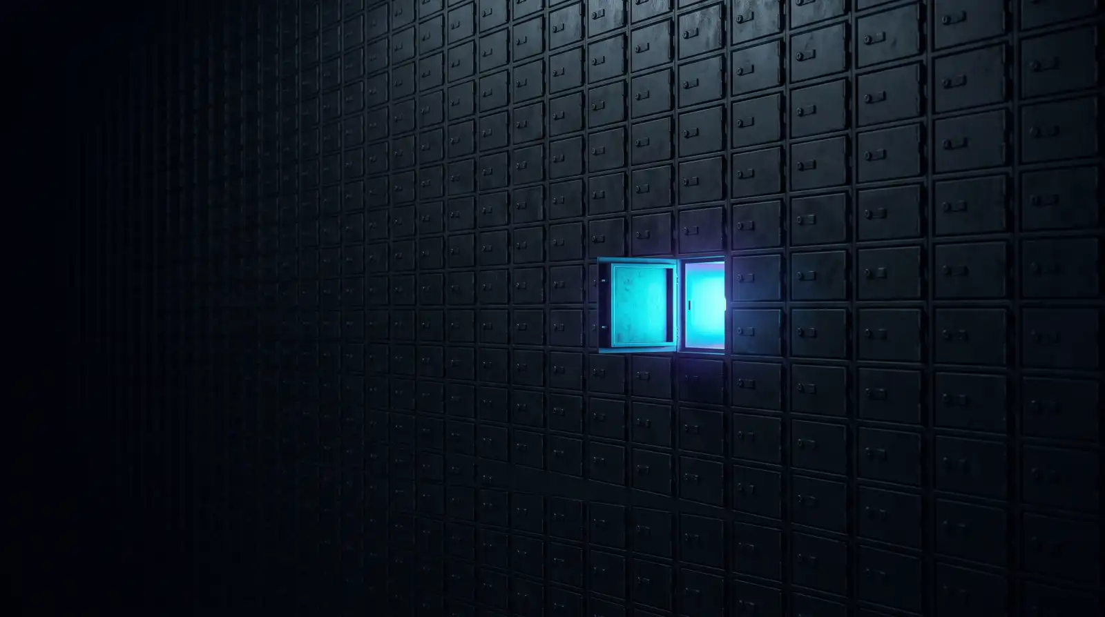 A dark vault wall of many sealed compartments with a single small hatch lit in cyan, the rest closed, over near-black