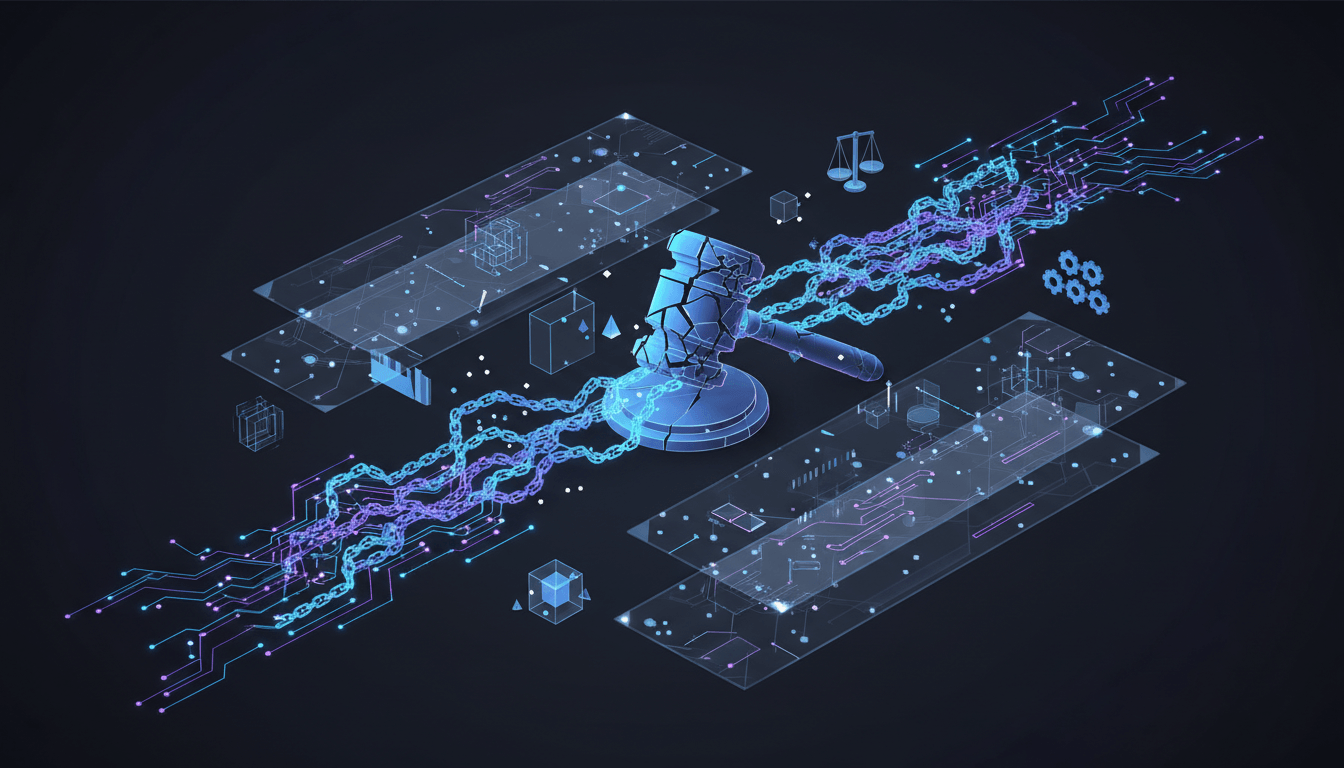 Abstract scales of justice dissolving into data streams, illustrating the gap between legal AI adoption and accountability