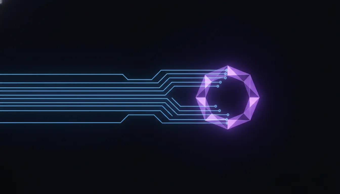 A dark terminal-grid plane with glowing cyan command lines feeding into a single sealed violet vault node, over near-black