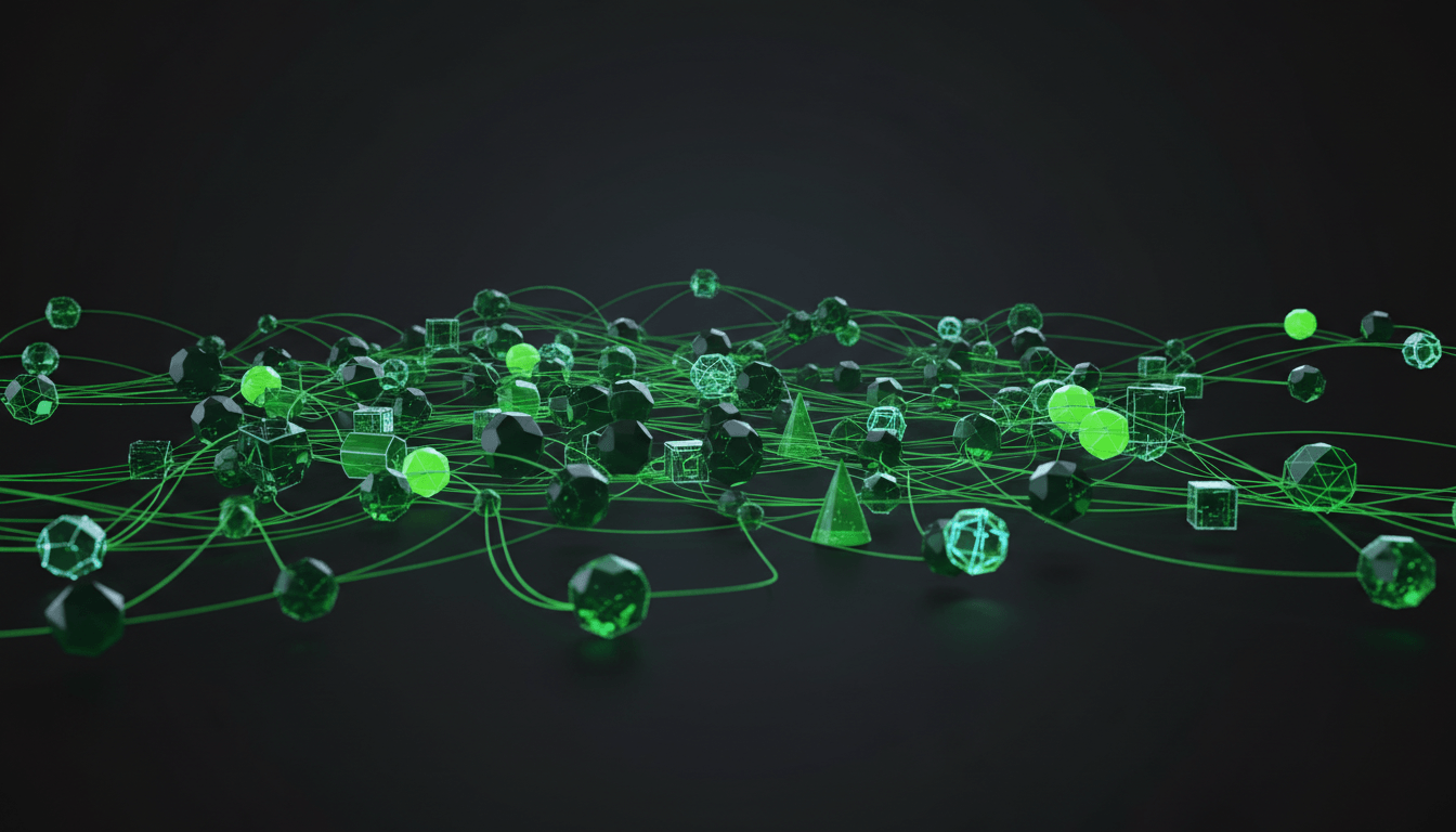 Diverse geometric nodes connected by green mesh network