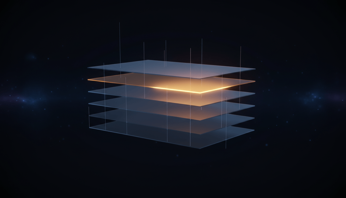 Seven translucent glass planes stacked in 3D perspective with one layer glowing amber