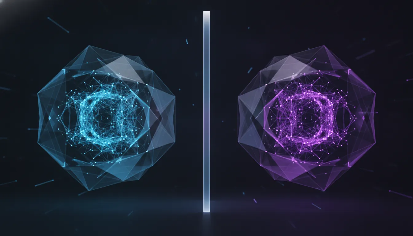 Two isolated luminous domains separated by an impermeable boundary, cyan and violet over near-black