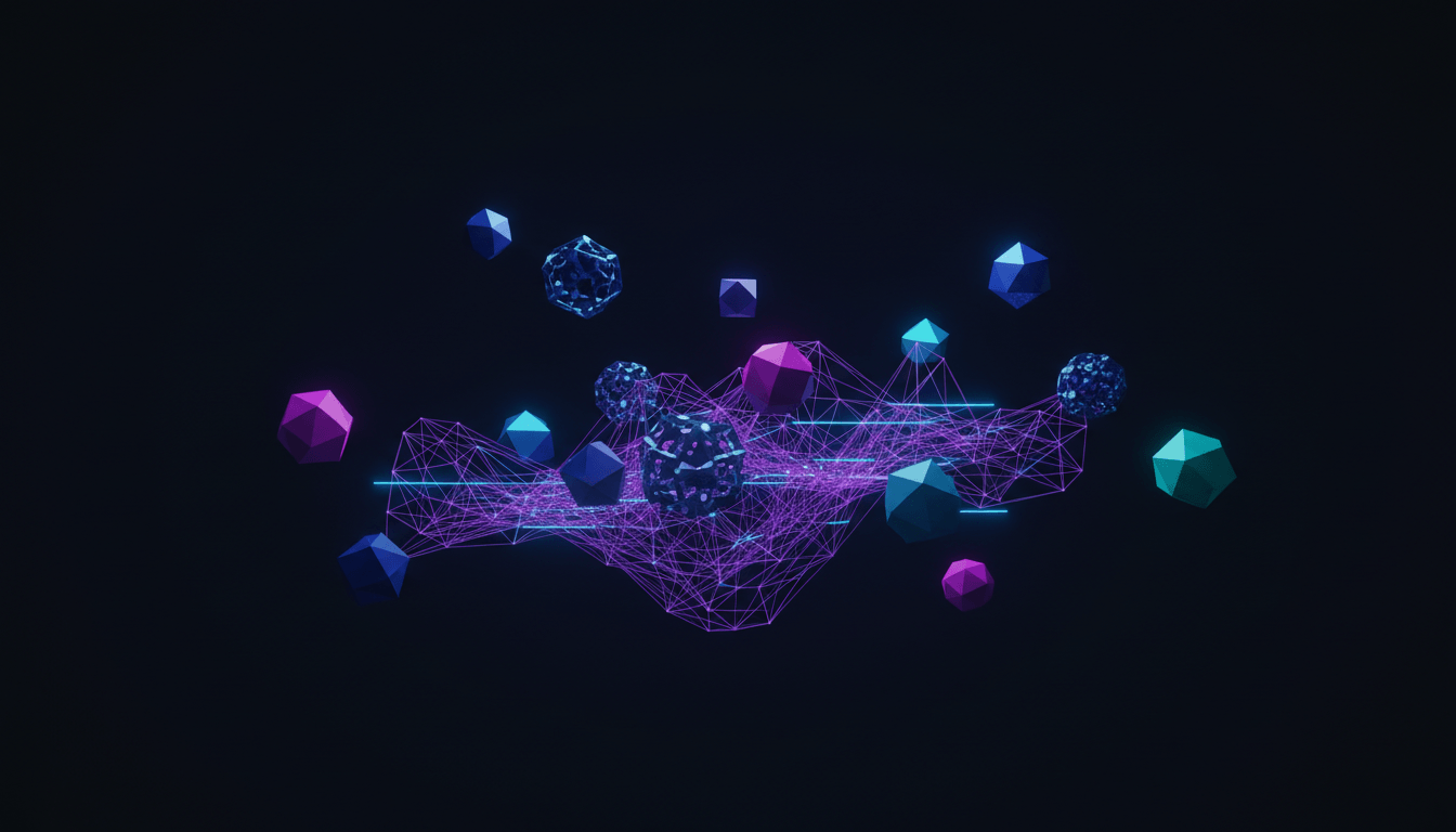 Disparate AI framework shapes being connected by a forming violet governance mesh