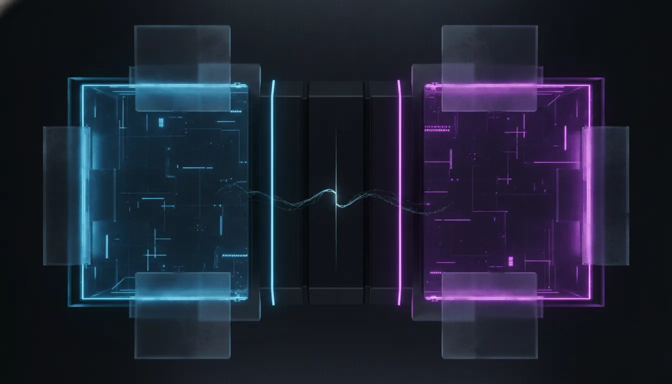 A single luminous thread leaking out of one of several sealed cyan chambers into a shared violet pool, dark background