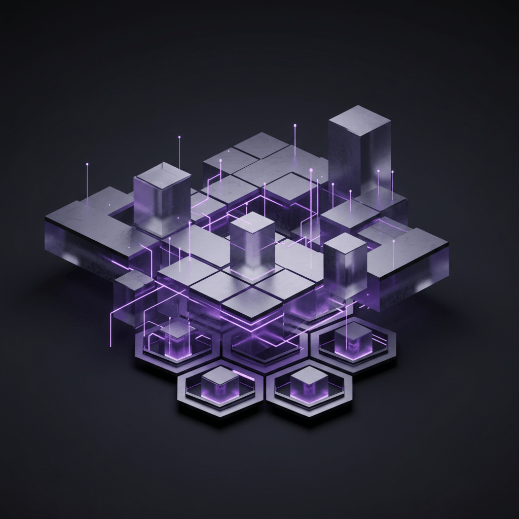 Abstract geometric building blocks and connection points representing a plugin architecture and developer marketplace